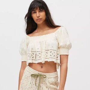 Off-Shoulder Eyelet Crop Top in Cream